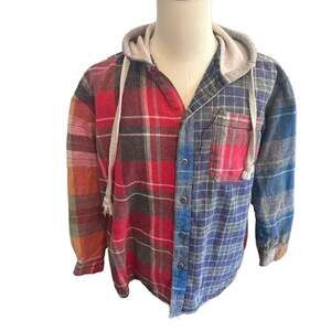 Vintage 90’s Authentic G.F.C Patchwork Plaid Flannel Hooded Shirt Medium